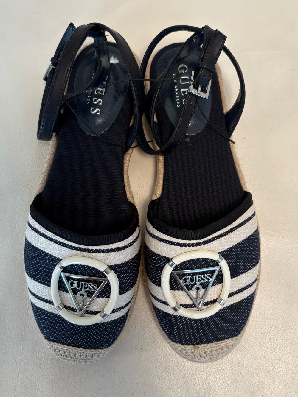 GUESS Navy & White Striped Espadrille Flats with Logo Accent